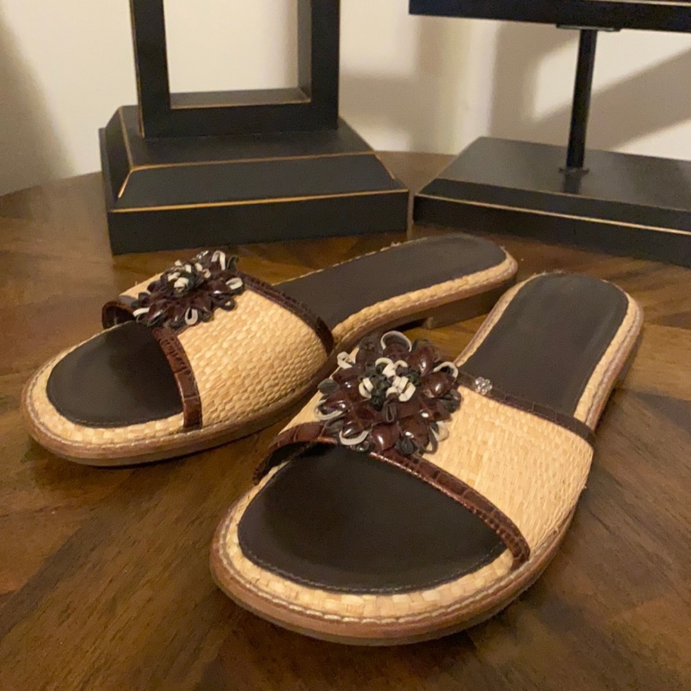 Brighton Brown Tan Woven Slides Flower 9